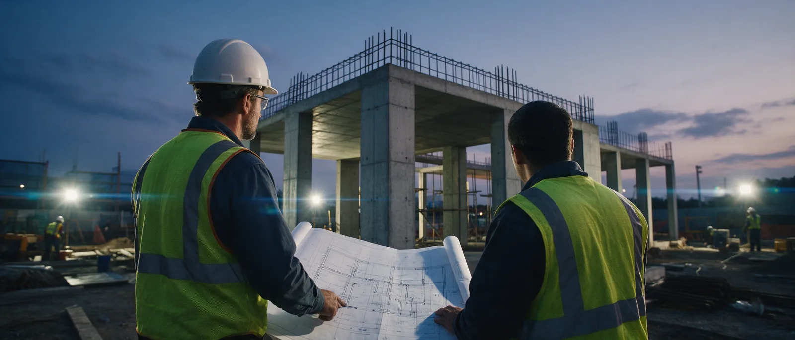 Engenheiros conferindo as pranchas no canteiro de obras