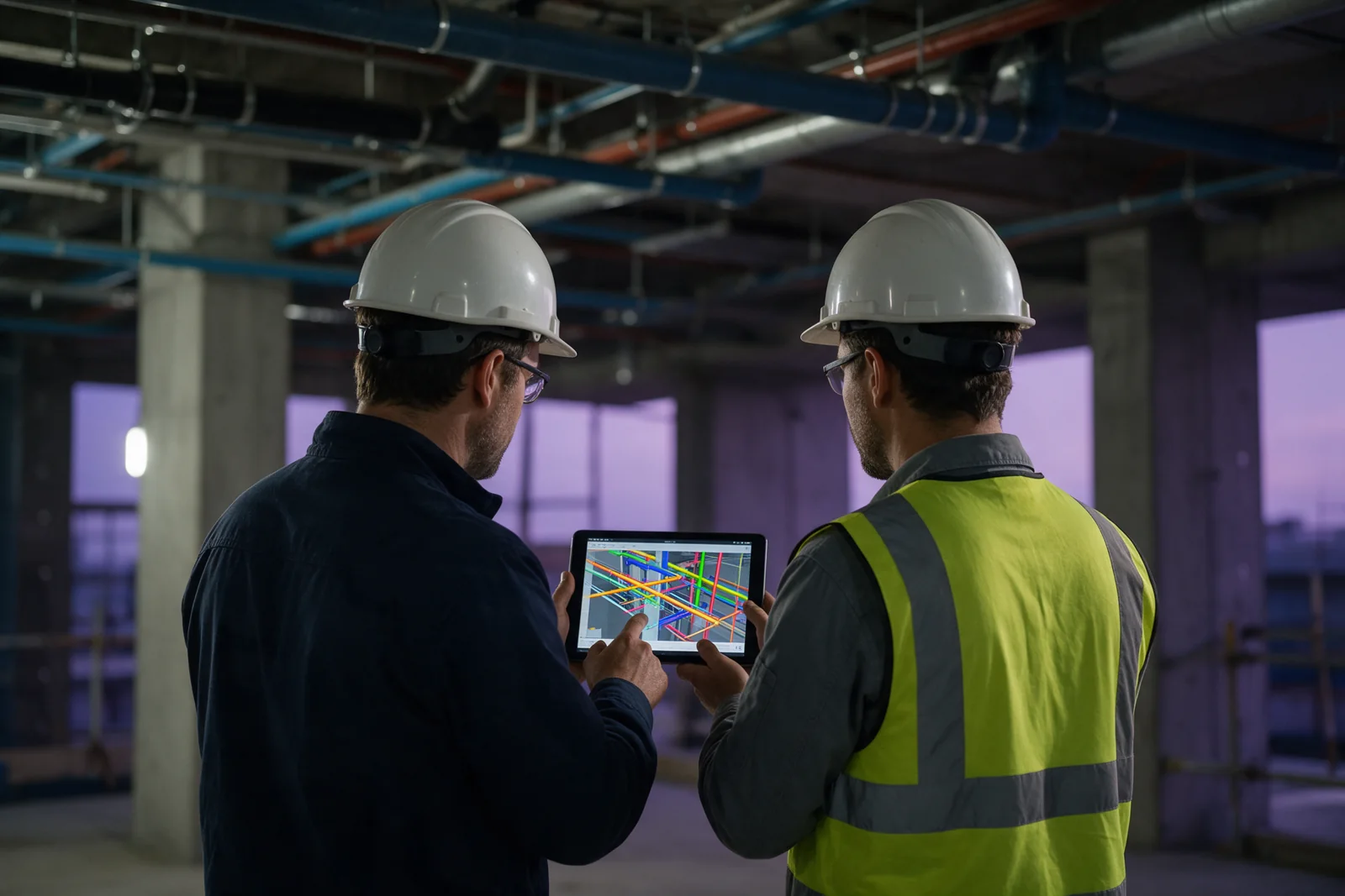 Dois engenheiros conferindo o modelo de compatibilização em um tablet dentro da obra