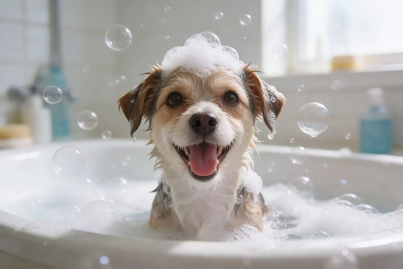 Cachorro no banho com bolhas